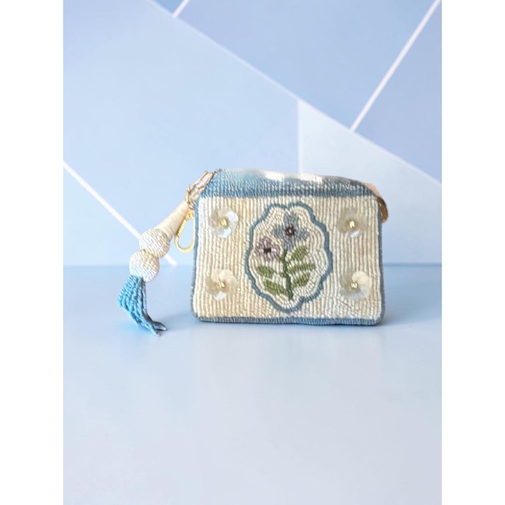 India Handmade Beaded Floral Coin Purse Blue Trim Sequin Tassel NWT
